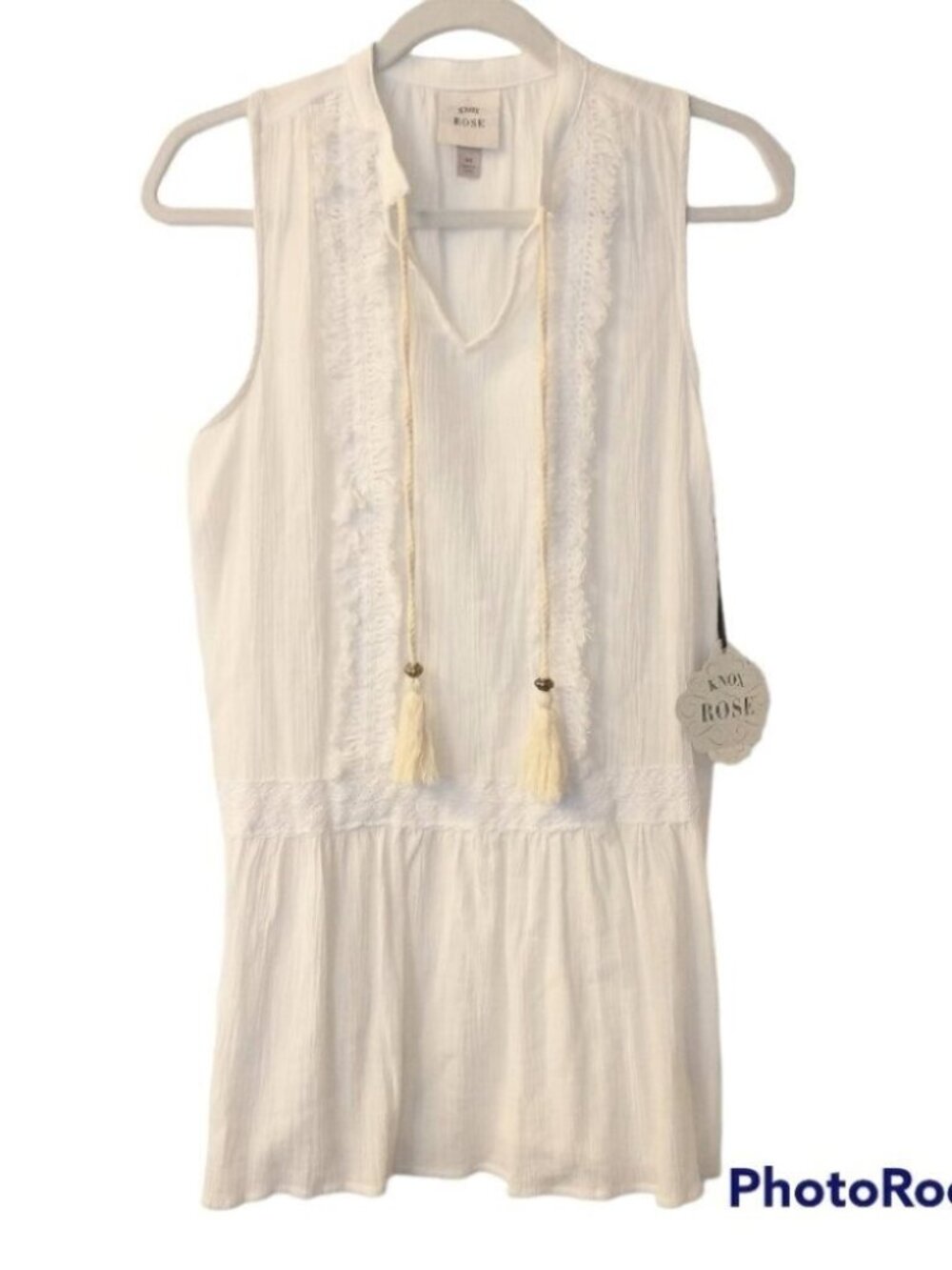 New With Tags Knox Rose Women's White Sleeveless Boho Tassel Peasant Top XS